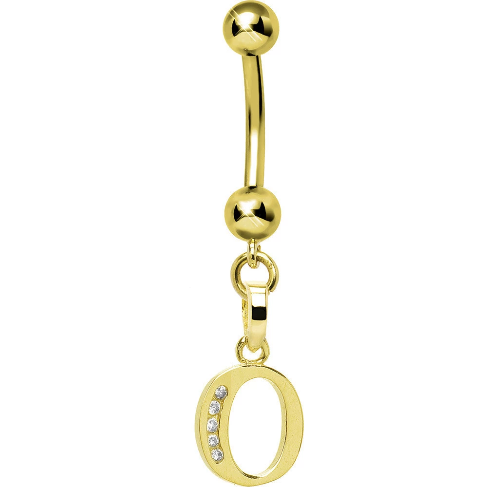 Solid 14kt Yellow Gold CZ Initial O Belly Ring 1 Solid 14kt Yellow Gold CZ Initial O Belly Ring