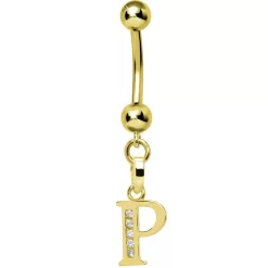 Solid 14kt Yellow Gold CZ Initial P Belly Ring