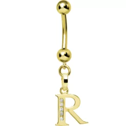 Solid 14kt Yellow Gold CZ Initial R Belly Ring