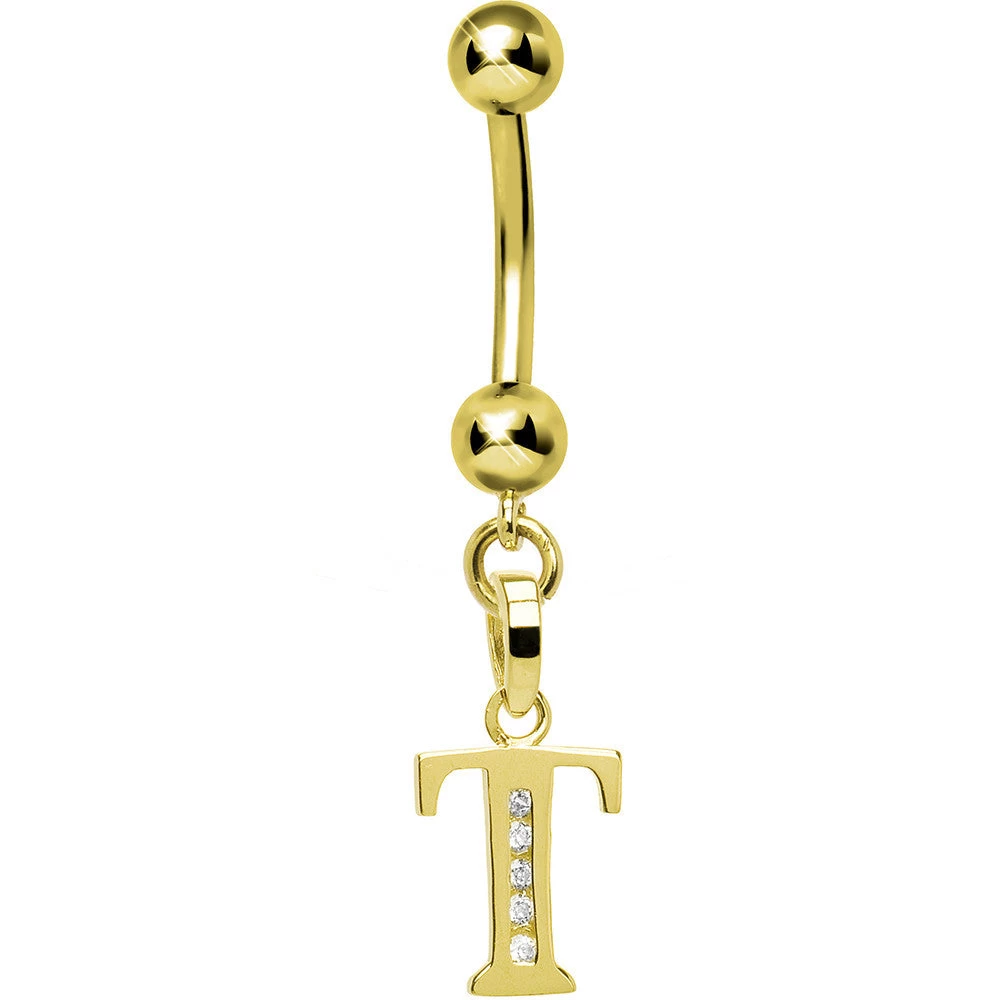 Solid 14kt Yellow Gold CZ Initial T Belly Ring 1 Solid 14kt Yellow Gold CZ Initial T Belly Ring