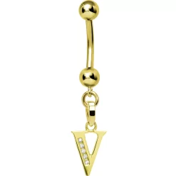 Solid 14kt Yellow Gold CZ Initial V Belly Ring