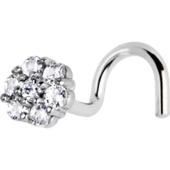 Solid 14KT White Gold Clear CZ Flower Nose Screw Ring