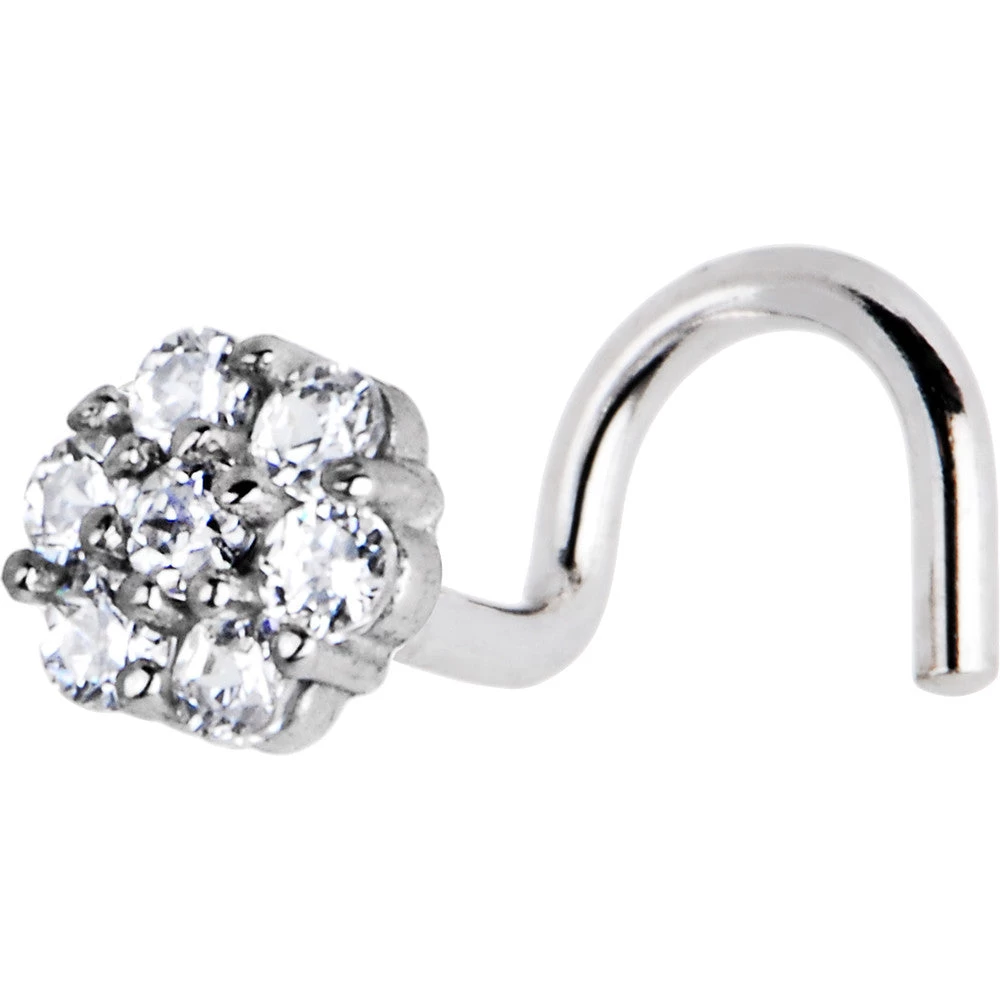Solid 14KT White Gold Clear CZ Flower Nose Screw Ring 1 Solid 14KT White Gold Clear CZ Flower Nose Screw Ring