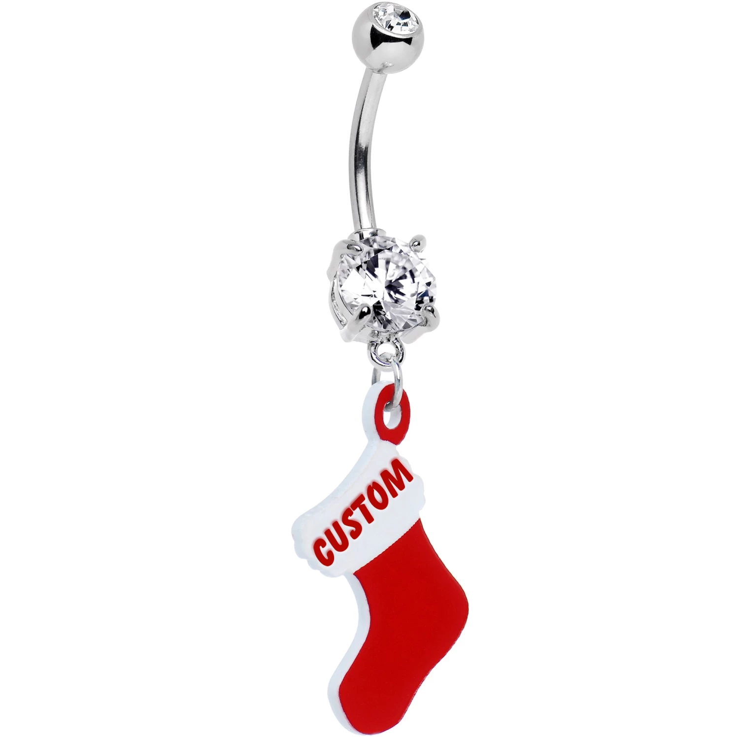 Clear Gem Custom Christmas Stocking Personalized Dangle Belly Ring 1 Clear Gem Custom Christmas Stocking Personalized Dangle Belly Ring