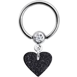 14 Gauge 1/2 Clear Gem Black Glitter Heart Dangle BCR Captive Ring