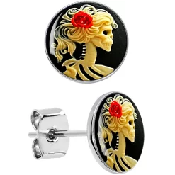 Momo Red Rose Flower Skeleton Cameo Stud Earrings