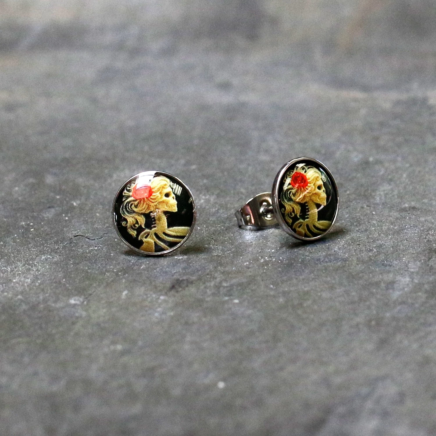Momo Red Rose Flower Skeleton Cameo Stud Earrings 2 Momo Red Rose Flower Skeleton Cameo Stud Earrings - Image 2