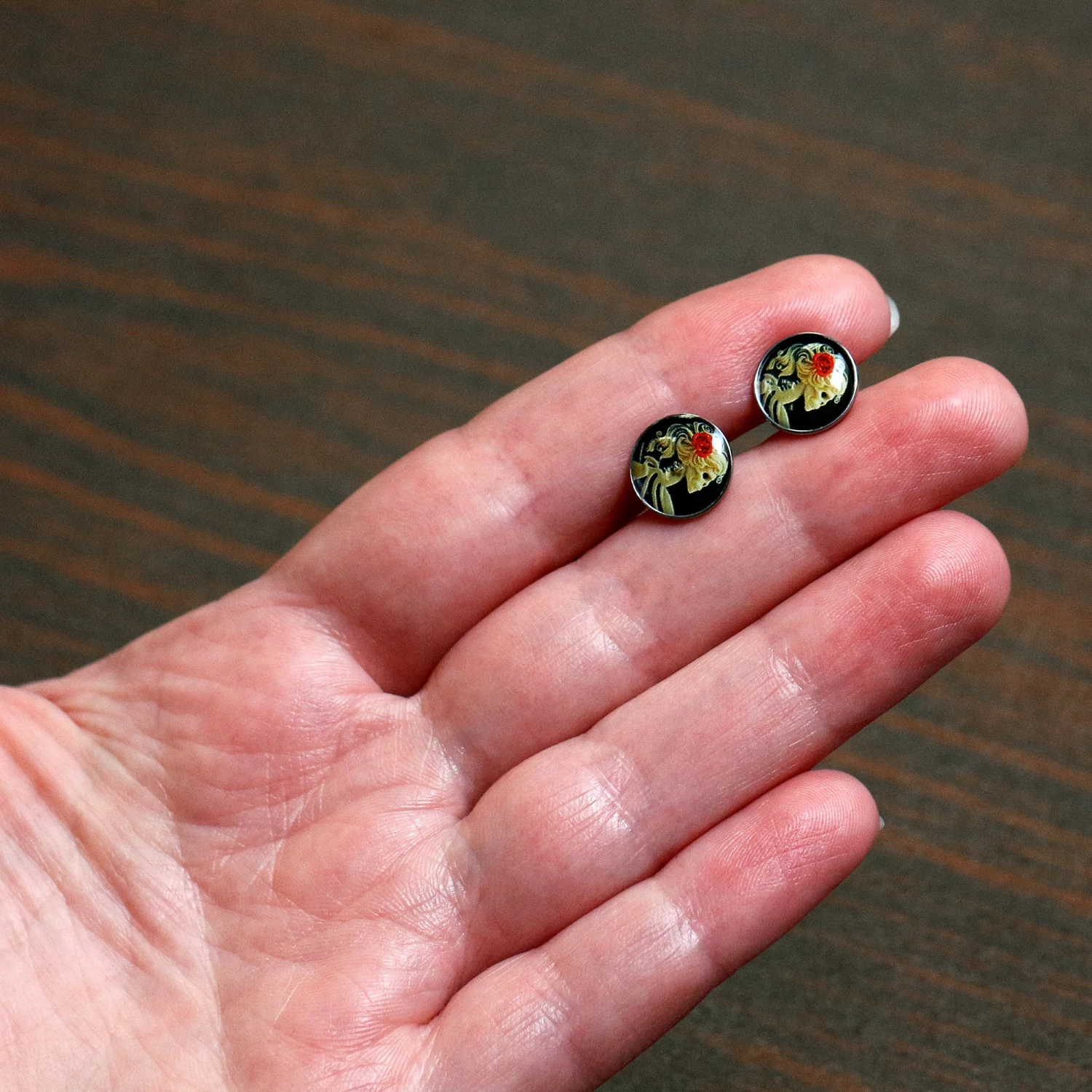 Momo Red Rose Flower Skeleton Cameo Stud Earrings 4 Momo Red Rose Flower Skeleton Cameo Stud Earrings - Image 4