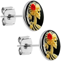 Momo Red Rose Flower Skeleton Cameo Stud Earrings 13 Momo Red Rose Flower Skeleton Cameo Stud Earrings -Body Jewelry Store CU E 410.otherimage7