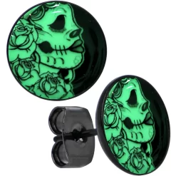 Black Anodized Gothic Rose Flower Skull Glow In The Dark Stud Earrings