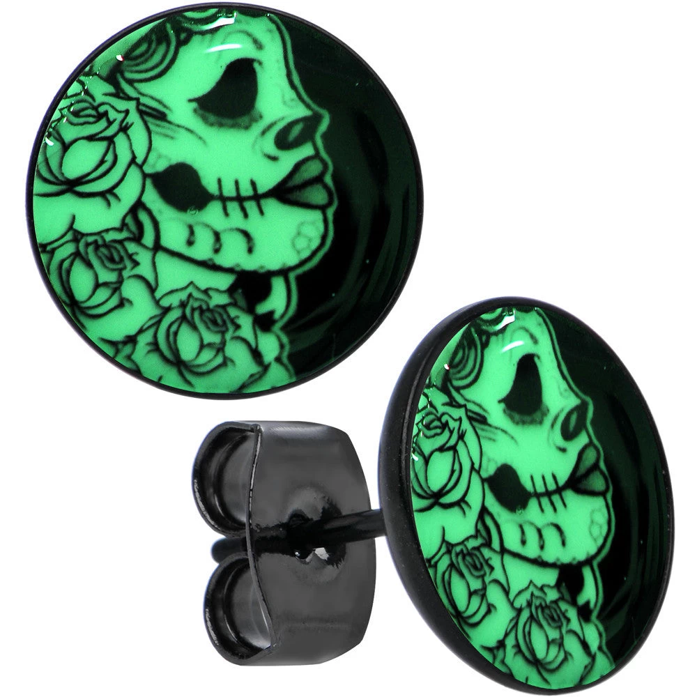 Black Anodized Gothic Rose Flower Skull Glow In The Dark Stud Earrings 1 Black Anodized Gothic Rose Flower Skull Glow In The Dark Stud Earrings
