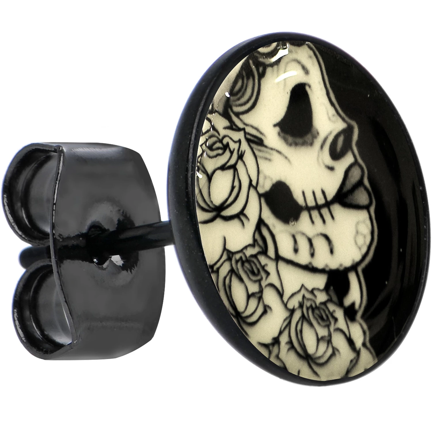 Black Anodized Gothic Rose Flower Skull Glow In The Dark Stud Earrings 4 Black Anodized Gothic Rose Flower Skull Glow In The Dark Stud Earrings - Image 4