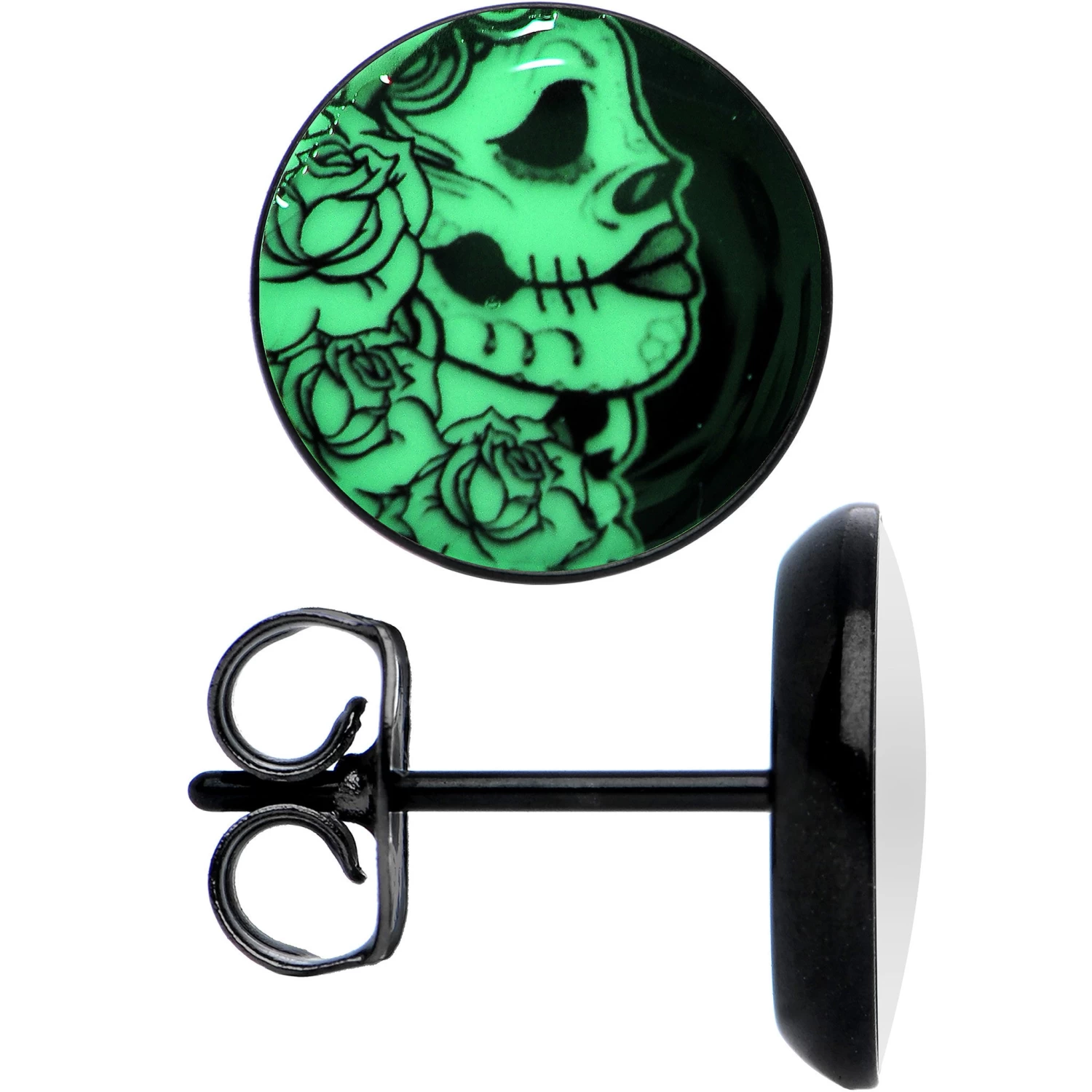 Black Anodized Gothic Rose Flower Skull Glow In The Dark Stud Earrings 3 Black Anodized Gothic Rose Flower Skull Glow In The Dark Stud Earrings - Image 3