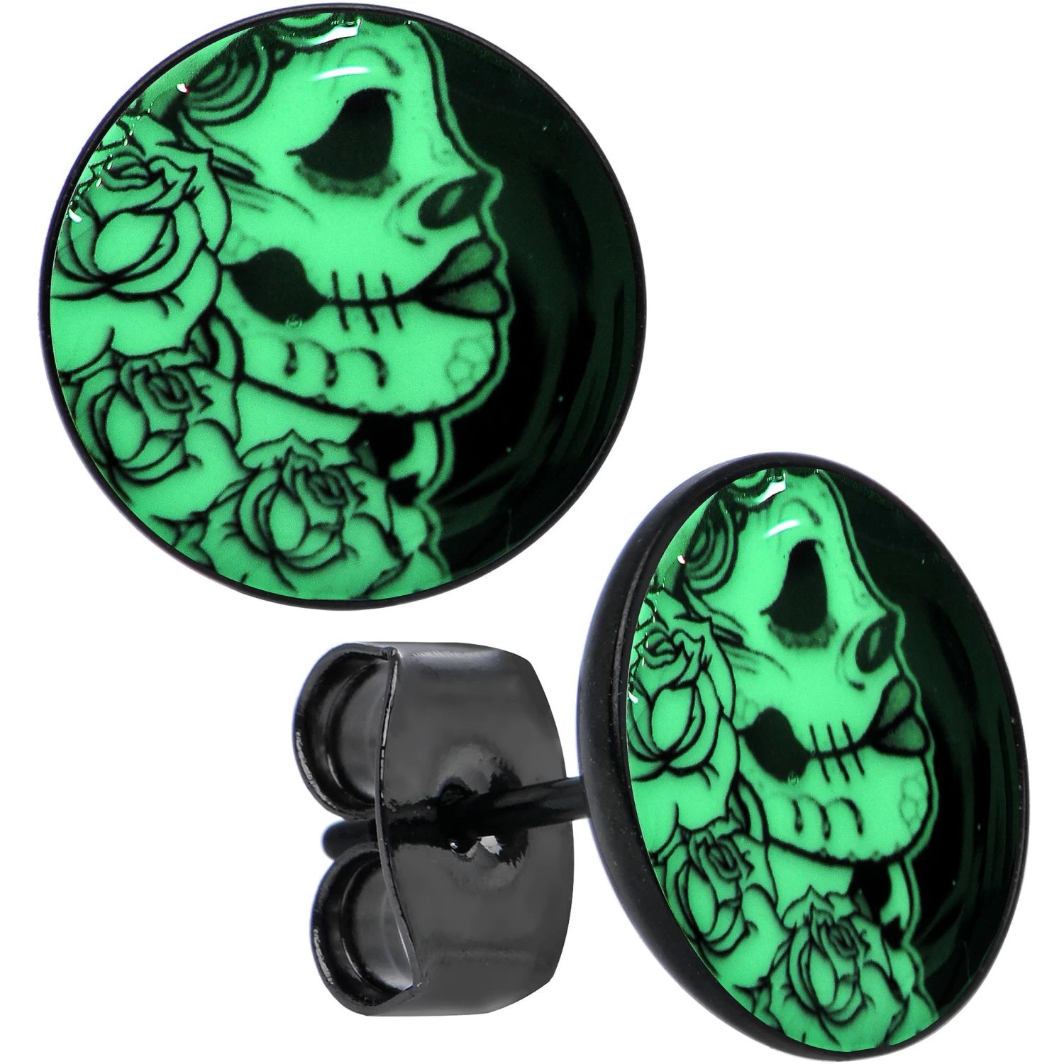 Black Anodized Gothic Rose Flower Skull Glow In The Dark Stud Earrings 2 Black Anodized Gothic Rose Flower Skull Glow In The Dark Stud Earrings - Image 2