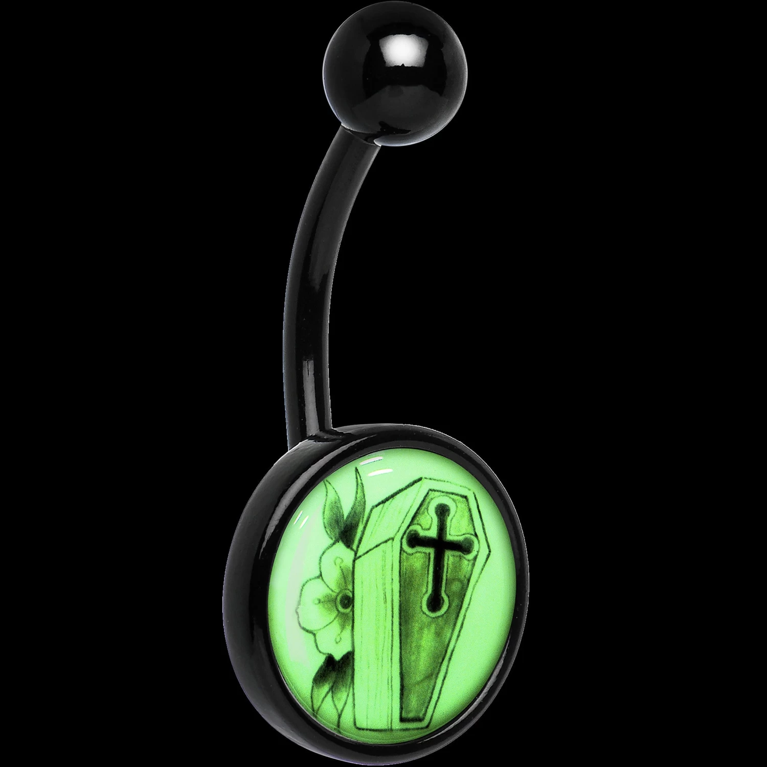 Black Titanium Coffin And Flower Glow In The Dark Belly Ring 2 Black Titanium Coffin And Flower Glow In The Dark Belly Ring - Image 2