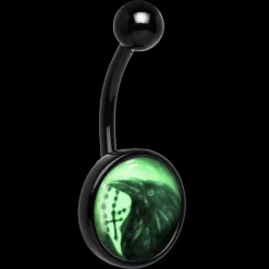 Black Titanium Raven And Cross Glow In The Dark Belly Ring
