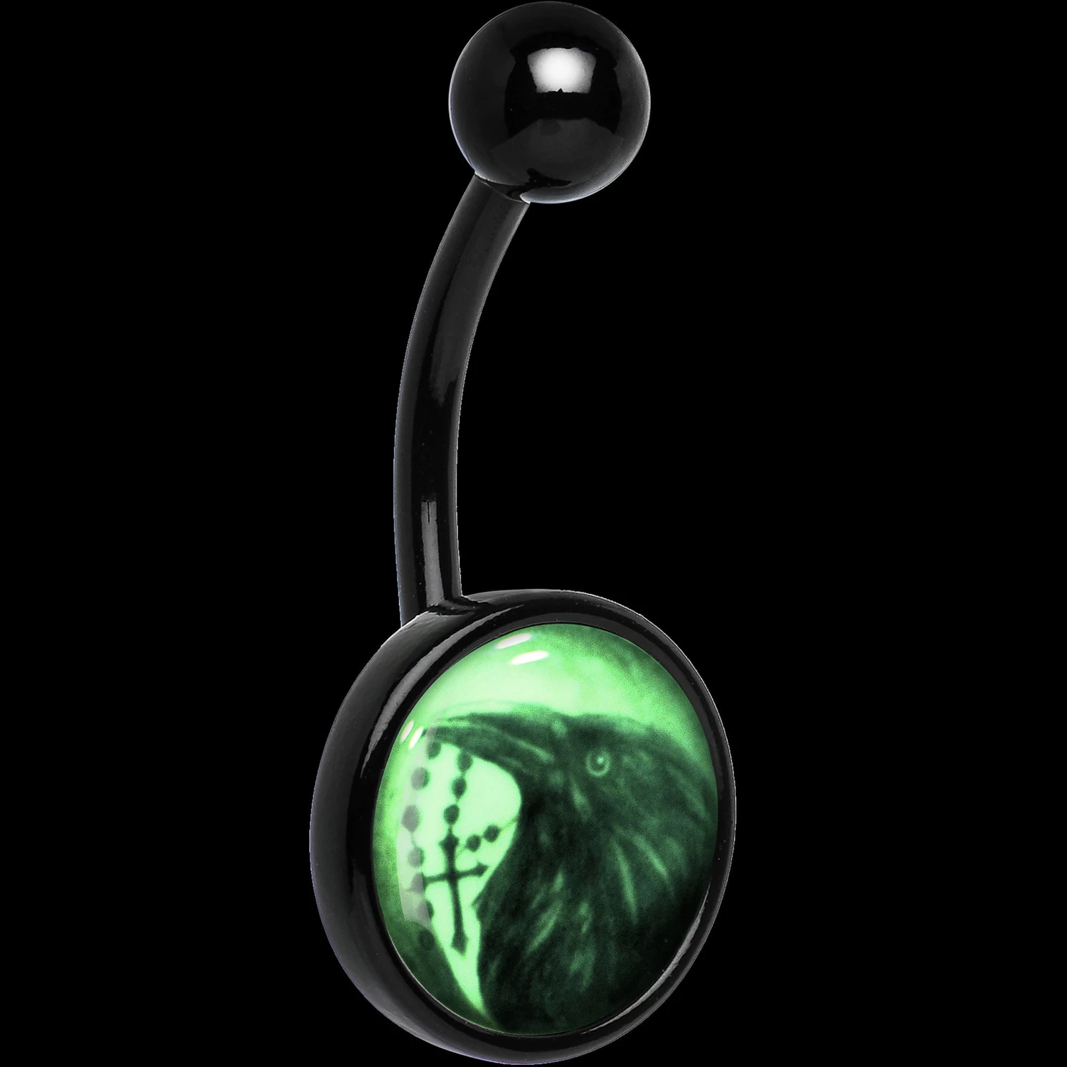 Black Titanium Raven And Cross Glow In The Dark Belly Ring 2 Black Titanium Raven And Cross Glow In The Dark Belly Ring - Image 2
