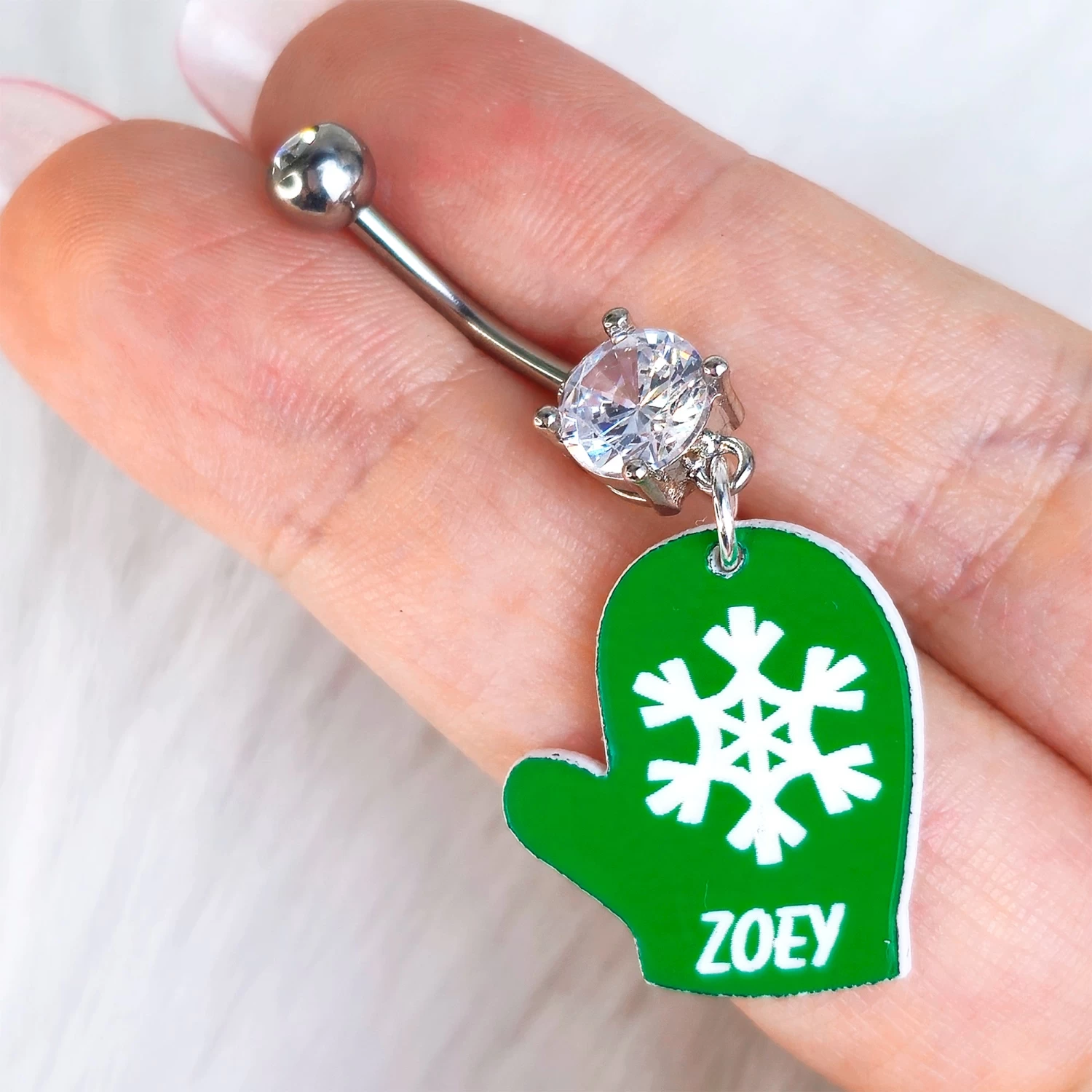 Custom Snowflake Green Mitten Personalized Dangle Belly Ring 3 Custom Snowflake Green Mitten Personalized Dangle Belly Ring - Image 3