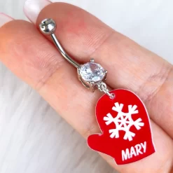 Custom Snowflake Red Mitten Personalized Dangle Belly Ring -Body Jewelry Store CUBNA MITT RD SNW.otherimage2