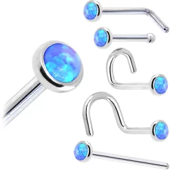 Solid 14KT White Gold 2mm Blue Synthetic Opal Nose Ring -Body Jewelry Store G 182