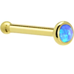Solid 14KT Yellow Gold 2mm Blue Synthetic Opal Nose Ring -Body Jewelry Store G 193