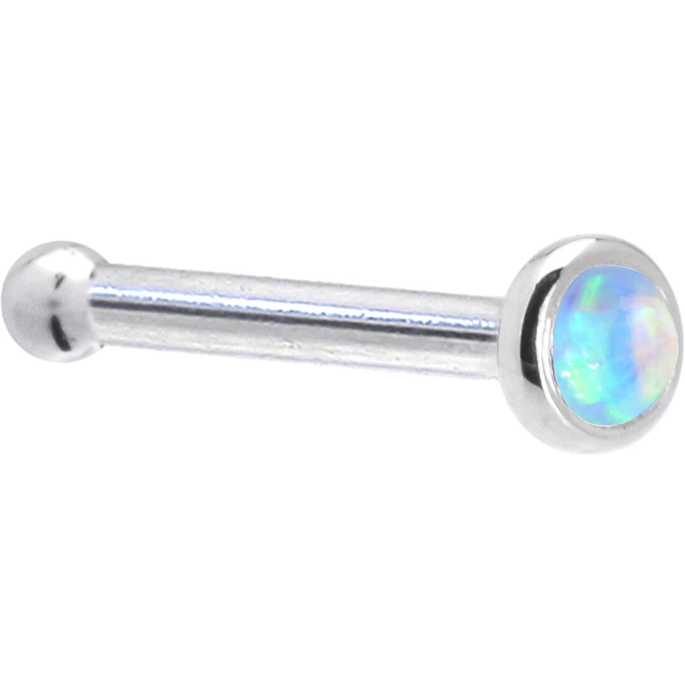 Solid 14KT White Gold 2mm Light Blue Synthetic Opal Nose Ring 4 Solid 14KT White Gold 2mm Light Blue Synthetic Opal Nose Ring - Image 4