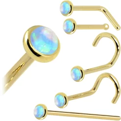 Solid 14KT Yellow Gold 2mm Light Blue Synthetic Opal Nose Ring -Body Jewelry Store G 200