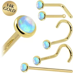 Solid 14KT Yellow Gold 2mm Light Blue Synthetic Opal Nose Ring