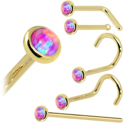 Solid 14KT Yellow Gold 2mm Fuchsia Synthetic Opal Nose Ring -Body Jewelry Store G 212
