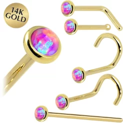Solid 14KT Yellow Gold 2mm Fuchsia Synthetic Opal Nose Ring
