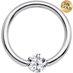 14 Gauge 3/8 Solid 14k White Gold 4mm Clear Cubic Zirconia Tension Captive Ring