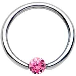 16 Gauge 7/16 Solid 14k White Gold 3mm Pink Cubic Zirconia Tension Captive Ring