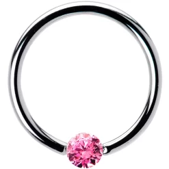 16 Gauge 1/2 Solid 14k White Gold 3mm Pink Cubic Zirconia Tension Captive Ring