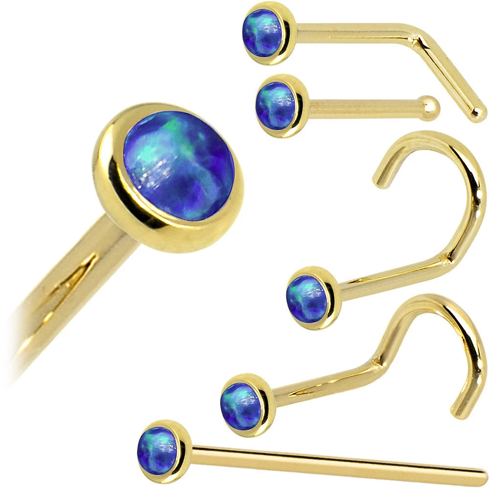 Solid 14KT Yellow Gold 2mm Dark Blue Synthetic Opal Nose Ring 8 Solid 14KT Yellow Gold 2mm Dark Blue Synthetic Opal Nose Ring - Image 8