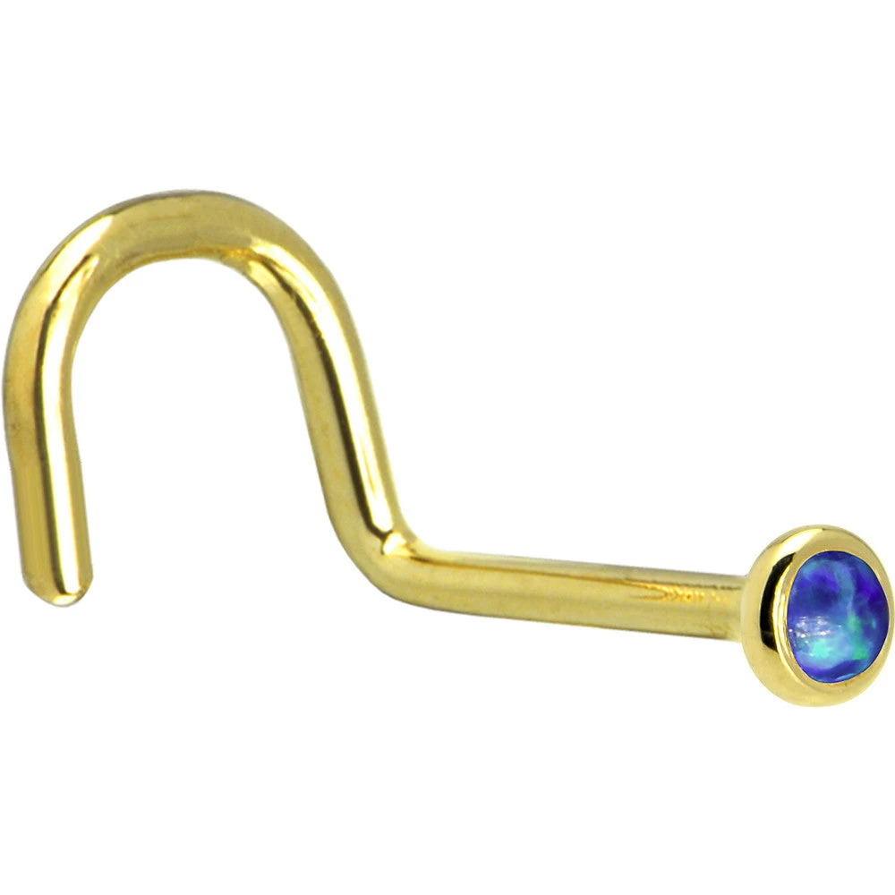 Solid 14KT Yellow Gold 2mm Dark Blue Synthetic Opal Nose Ring 2 Solid 14KT Yellow Gold 2mm Dark Blue Synthetic Opal Nose Ring - Image 2