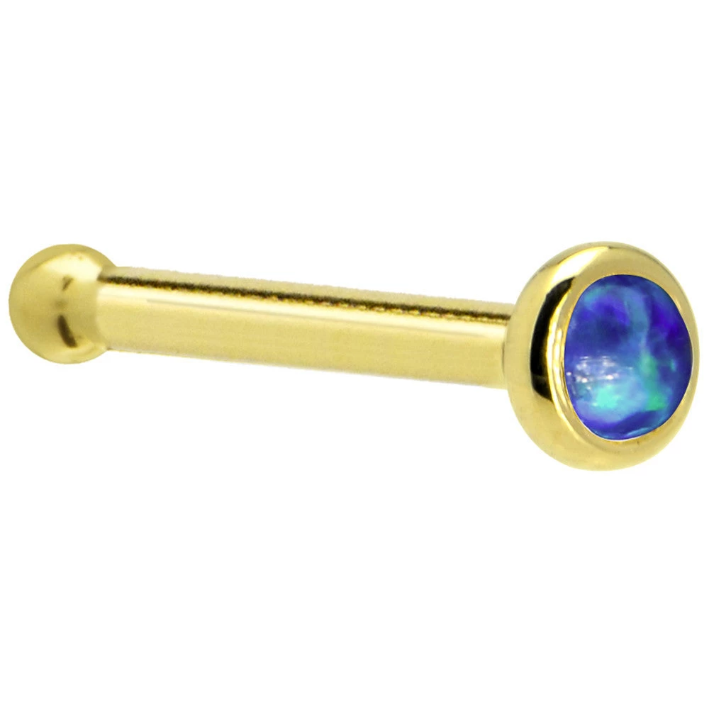 Solid 14KT Yellow Gold 2mm Dark Blue Synthetic Opal Nose Ring 4 Solid 14KT Yellow Gold 2mm Dark Blue Synthetic Opal Nose Ring - Image 4