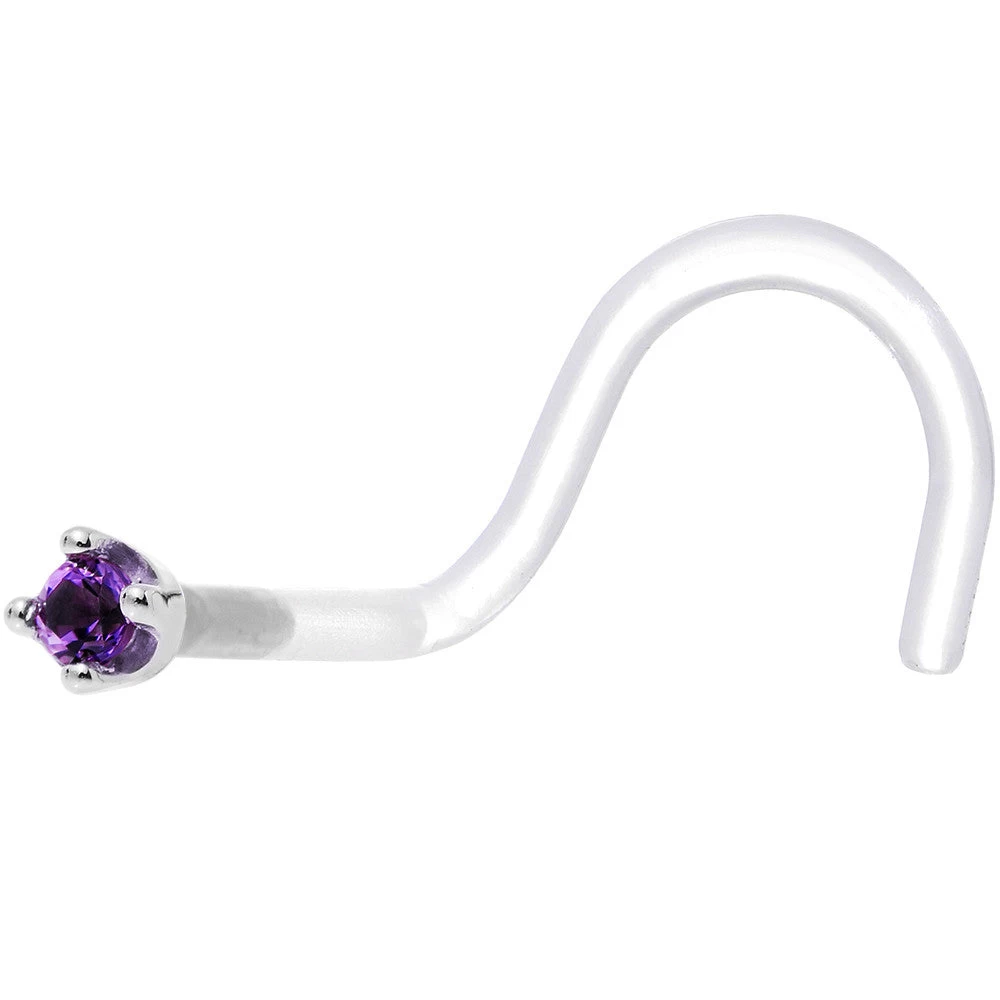 18 Gauge 1/4 White Gold 1.5mm Genuine Amethyst Bioplast Nose Ring 2 18 Gauge 1/4 White Gold 1.5mm Genuine Amethyst Bioplast Nose Ring - Image 2