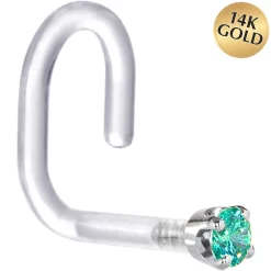 18 Gauge 1/4 White Gold 1.5mm Mint Green Cubic Zirconia Bioplast Nose Ring