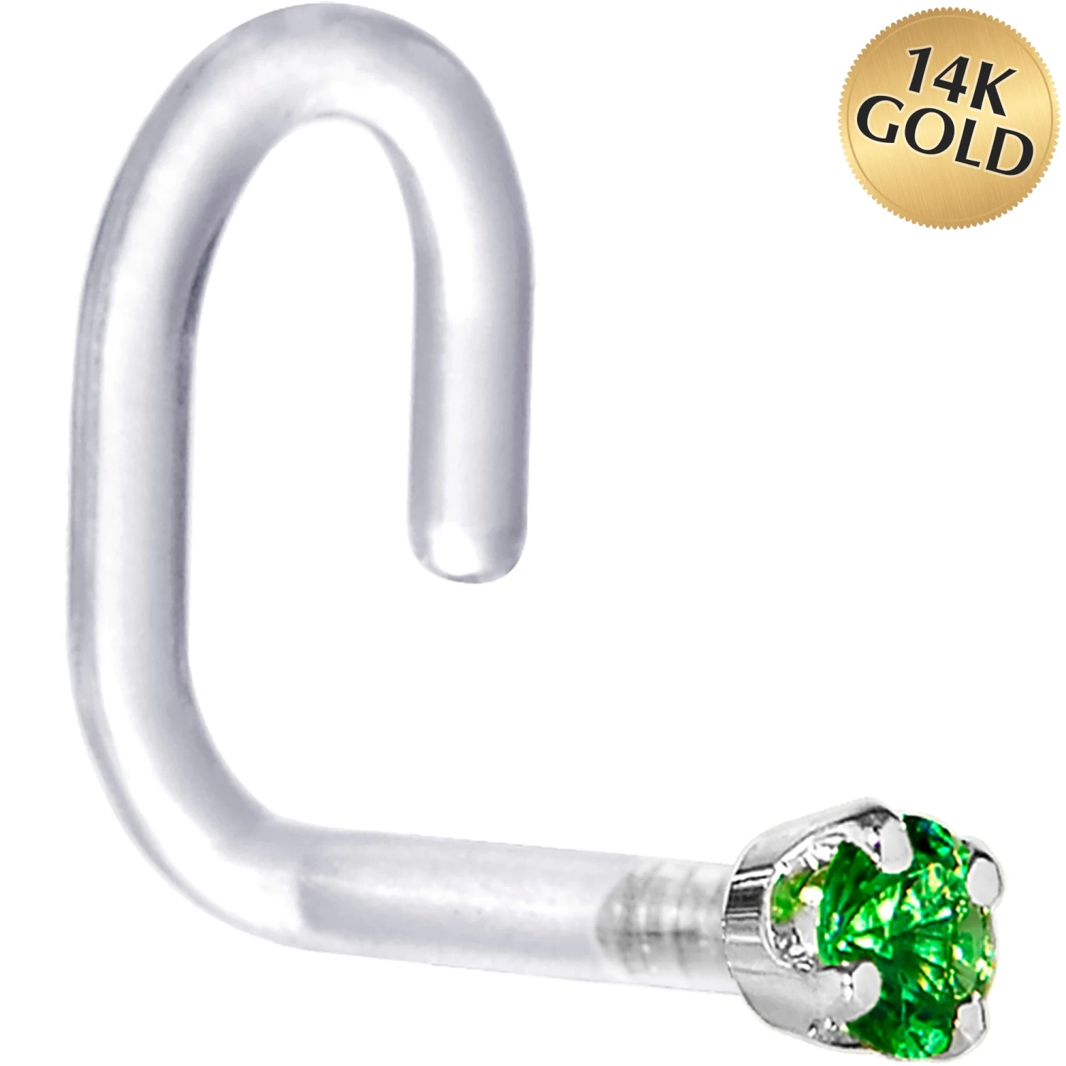18 Gauge 1/4 White Gold 1.5mm Green Cubic Zirconia Bioplast Nose Ring 1 18 Gauge 1/4 White Gold 1.5mm Green Cubic Zirconia Bioplast Nose Ring