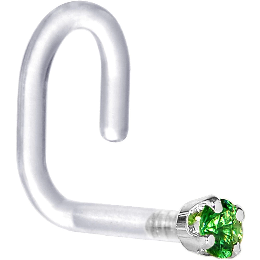18 Gauge 1/4 White Gold 1.5mm Green Cubic Zirconia Bioplast Nose Ring 2 18 Gauge 1/4 White Gold 1.5mm Green Cubic Zirconia Bioplast Nose Ring - Image 2