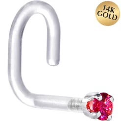 18 Gauge 1/4 White Gold 1.5mm Red Cubic Zirconia Bioplast Nose Ring