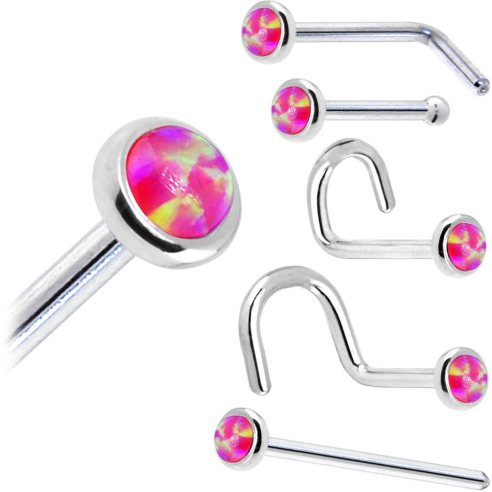 Solid 14KT White Gold 2mm Brilliant Pink Synthetic Opal Nose Ring 8 Solid 14KT White Gold 2mm Brilliant Pink Synthetic Opal Nose Ring - Image 8