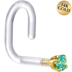 18 Gauge 1/4 Yellow Gold 1.5mm Mint Green Cubic Zirconia Bioplast Nose Ring