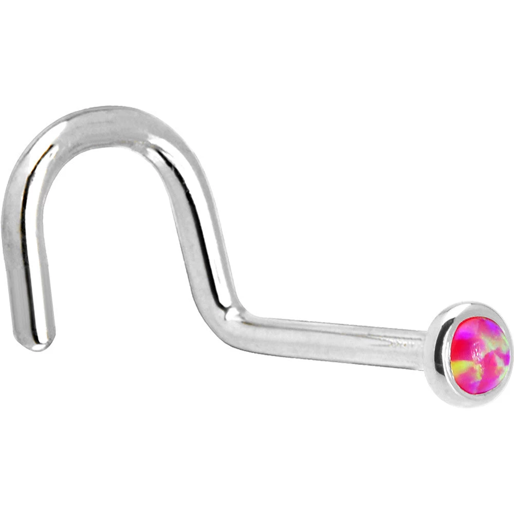 Solid 14KT White Gold 2mm Brilliant Pink Synthetic Opal Nose Ring 2 Solid 14KT White Gold 2mm Brilliant Pink Synthetic Opal Nose Ring - Image 2