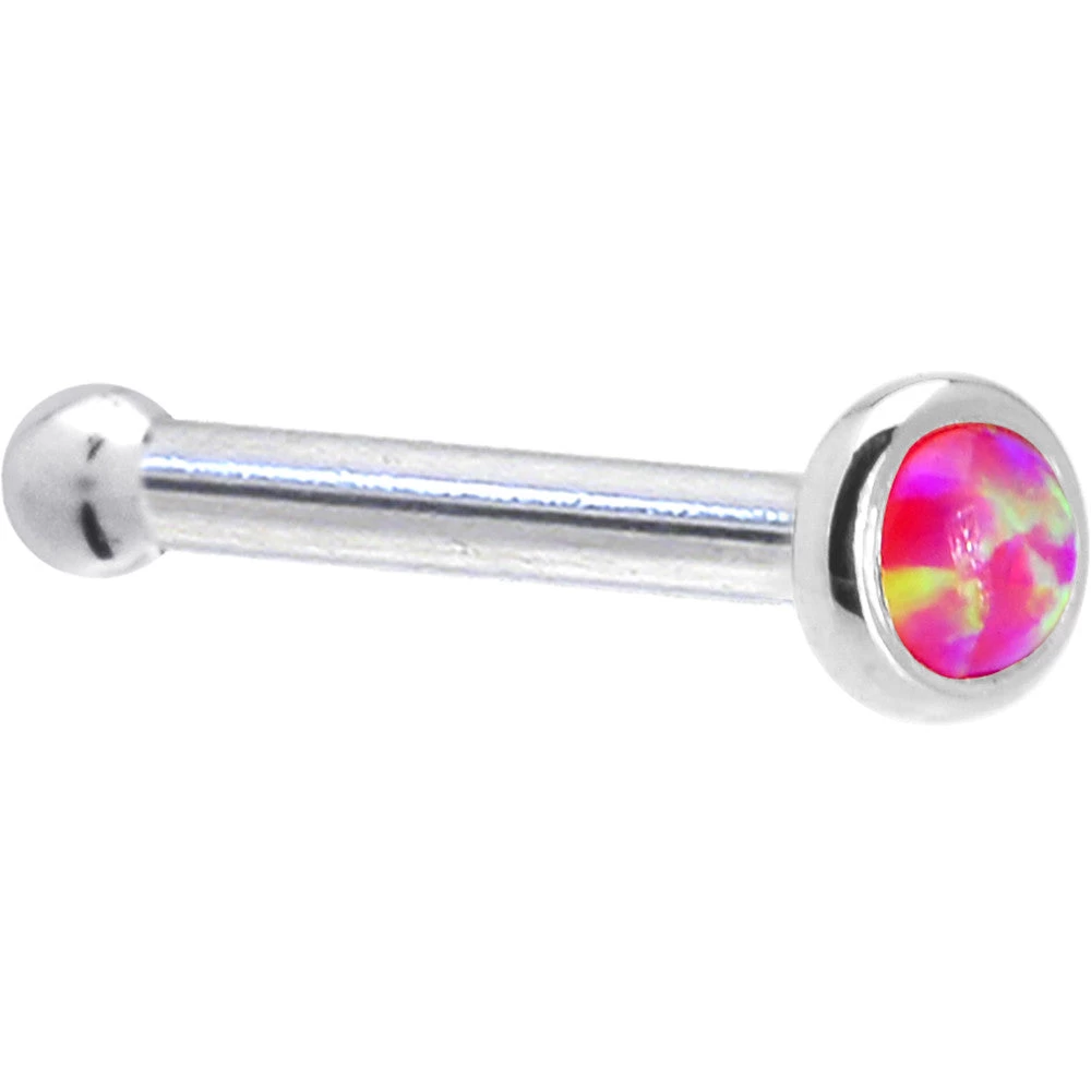 Solid 14KT White Gold 2mm Brilliant Pink Synthetic Opal Nose Ring 4 Solid 14KT White Gold 2mm Brilliant Pink Synthetic Opal Nose Ring - Image 4