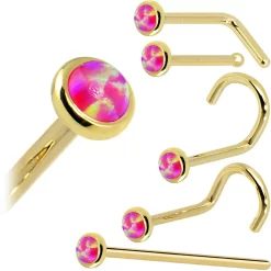 Solid 14KT Yellow Gold 2mm Brilliant Pink Synthetic Opal Nose Ring 15 Solid 14KT Yellow Gold 2mm Brilliant Pink Synthetic Opal Nose Ring -Body Jewelry Store G 260