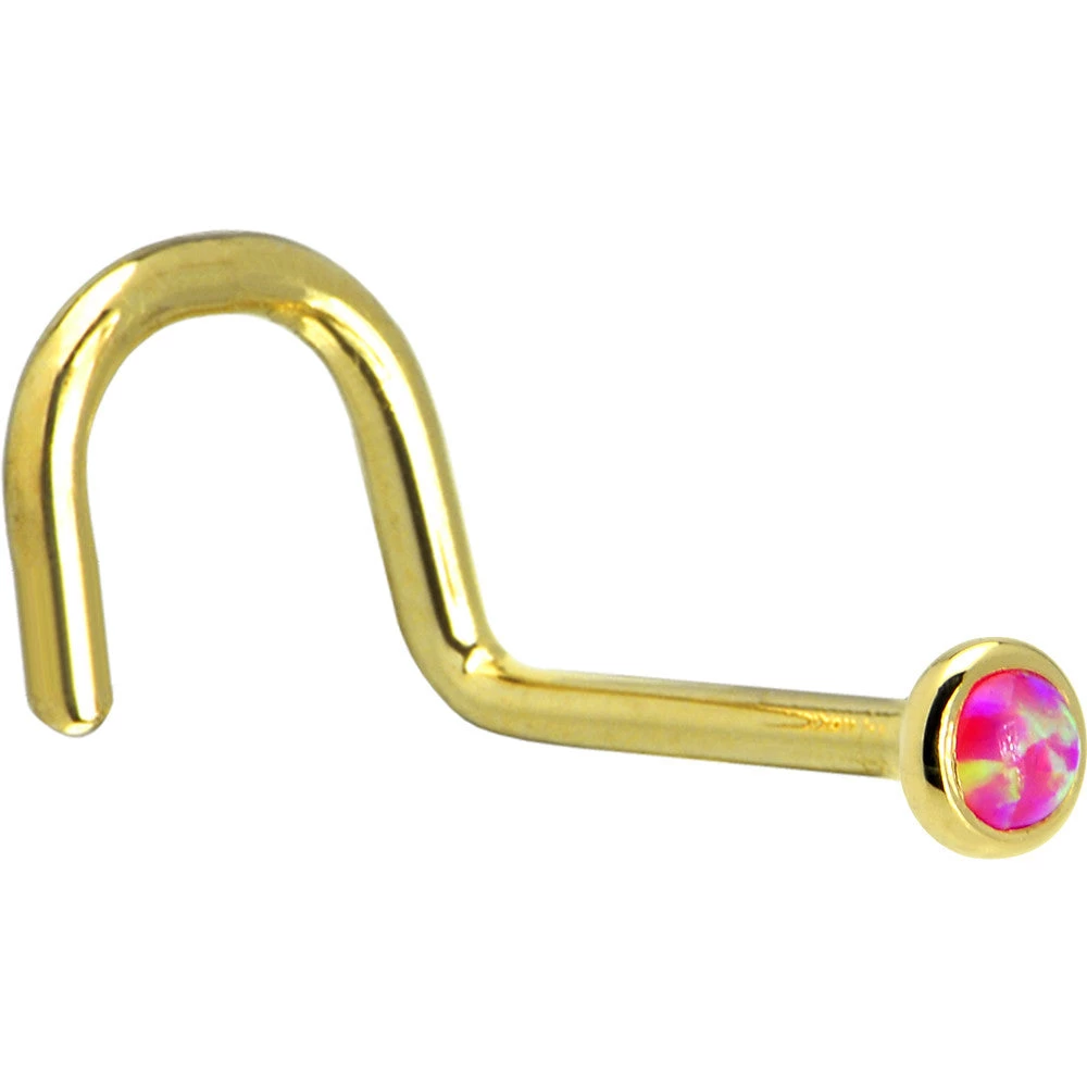 Solid 14KT Yellow Gold 2mm Brilliant Pink Synthetic Opal Nose Ring 2 Solid 14KT Yellow Gold 2mm Brilliant Pink Synthetic Opal Nose Ring - Image 2
