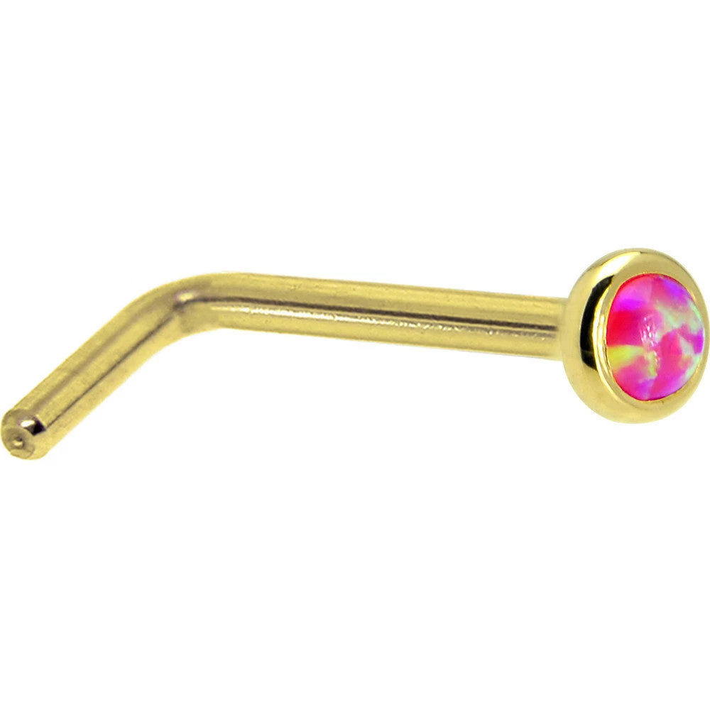 Solid 14KT Yellow Gold 2mm Brilliant Pink Synthetic Opal Nose Ring 3 Solid 14KT Yellow Gold 2mm Brilliant Pink Synthetic Opal Nose Ring - Image 3