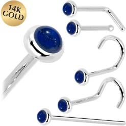 Solid 14KT White Gold 2mm Lapis Lazuli Straight Nose Ring