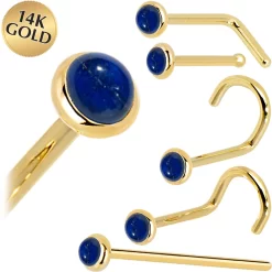 Solid 14KT Yellow Gold 2mm Lapis Lazuli Straight Nose Ring